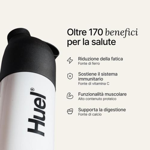 A black and white Huel Shaker set against a neutral background, accompanied by health benefit callouts