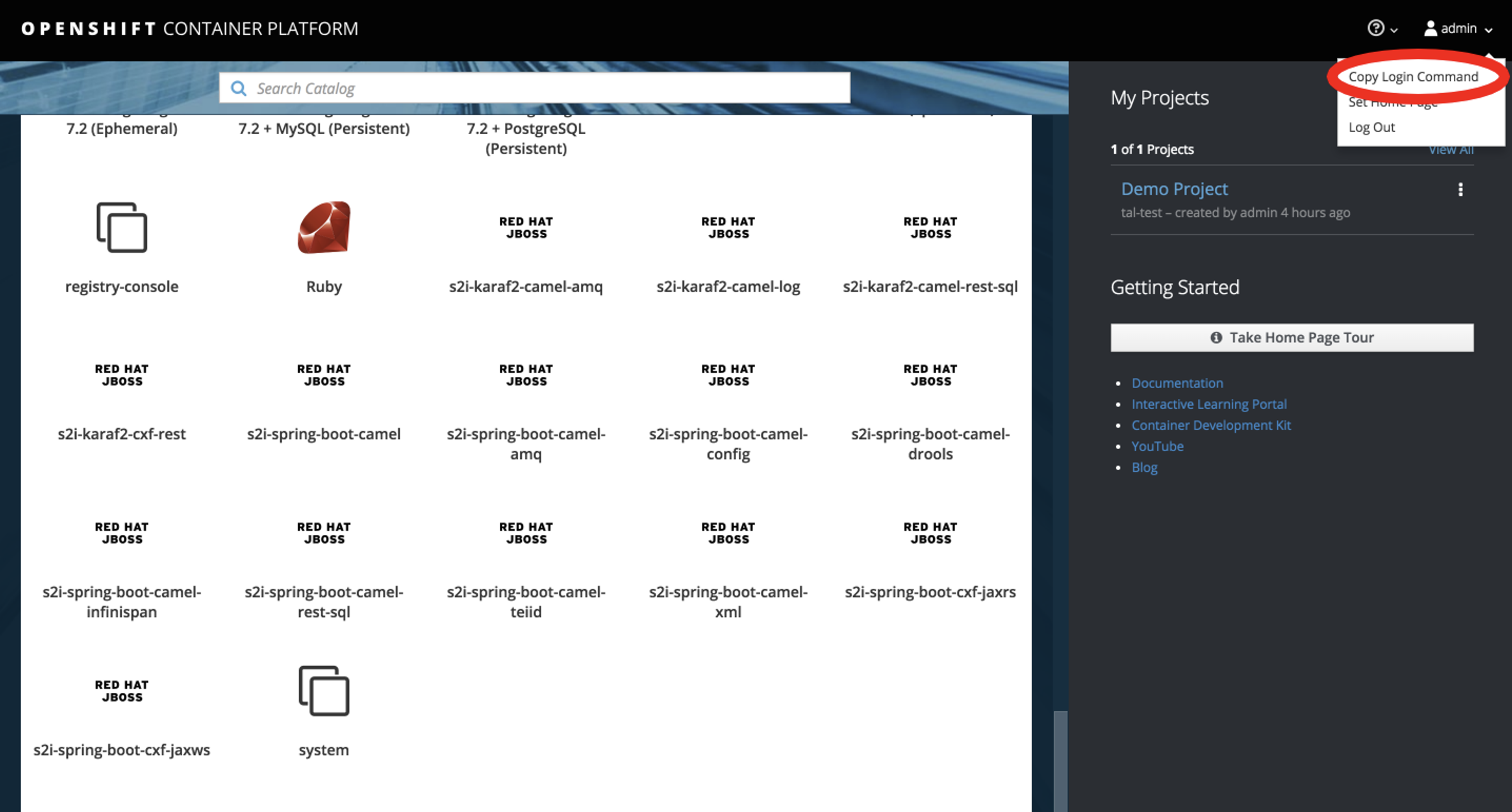 OpenShift "copy login" screen