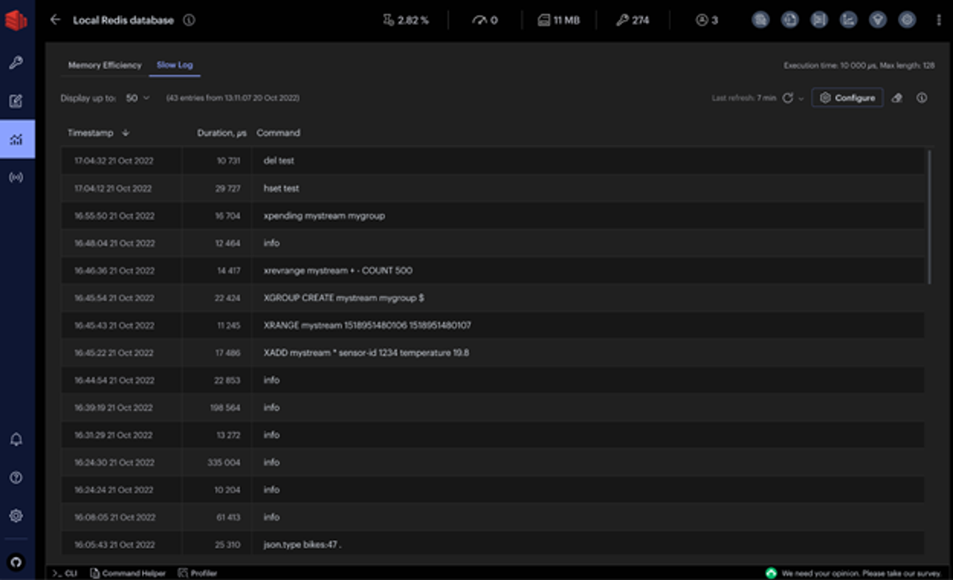 redisinsight slow log