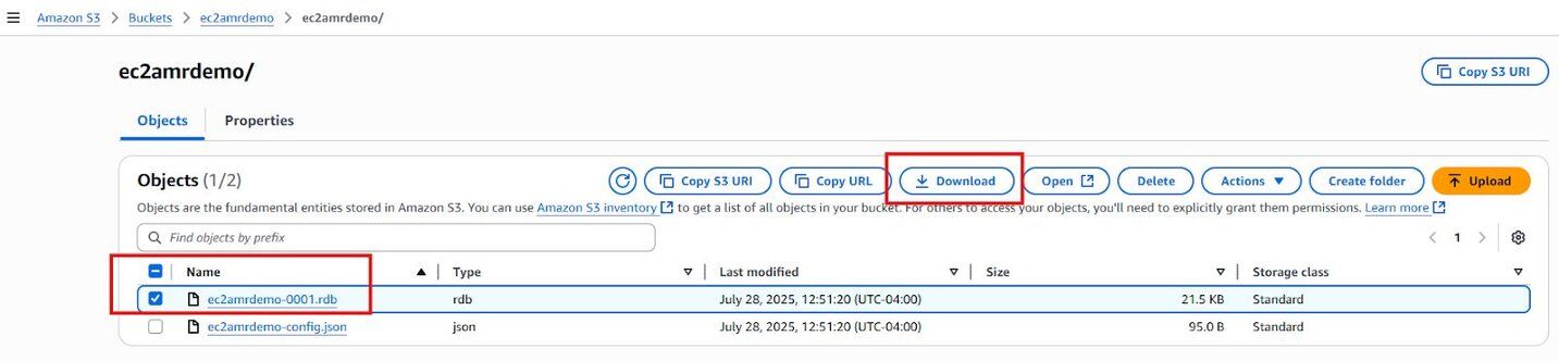 S3 bucket file listing showing the exported .rdb backup file ready for download