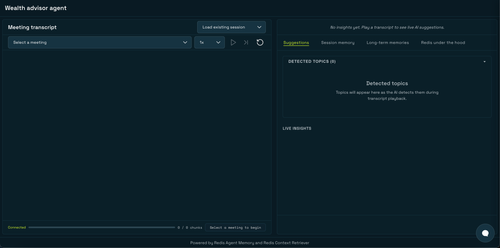 Wealth advisor agent initial state showing the meeting transcript panel, empty Suggestions tab, and the four navigation tabs
