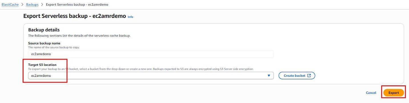 Export dialog showing the Target S3 bucket location selector