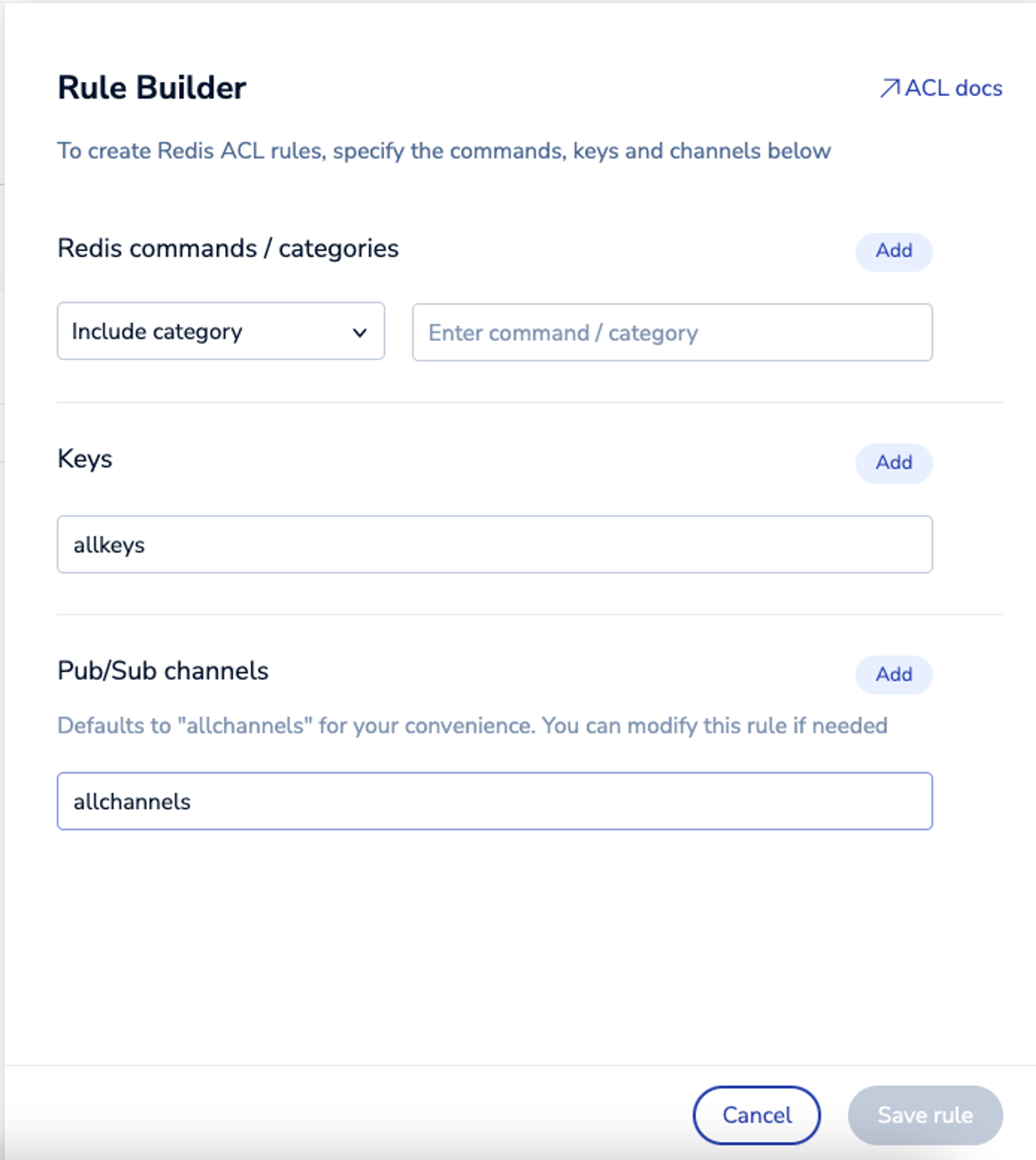 Rule builder interface for creating REdis ACL rules