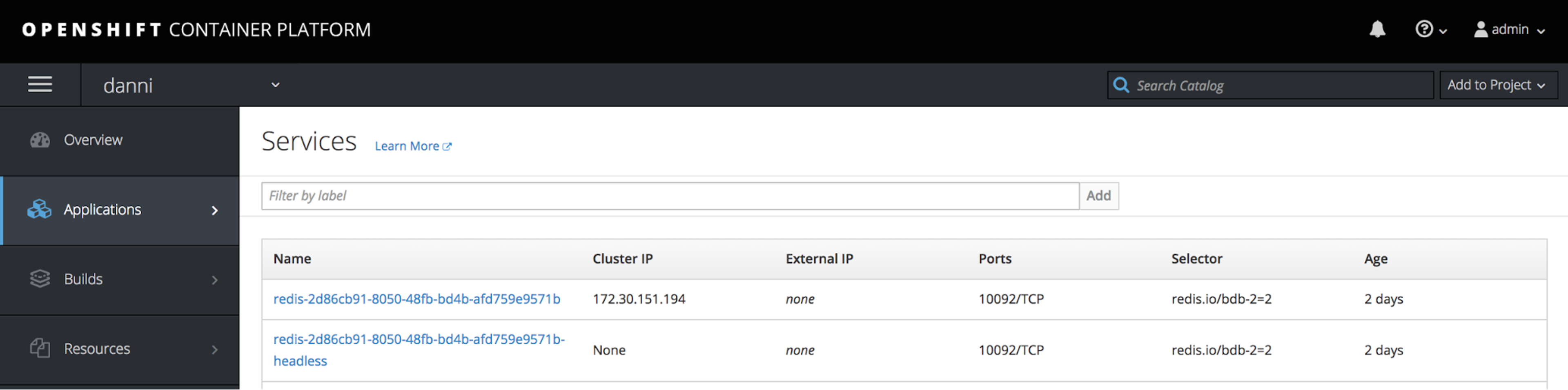 OpenShift services screen