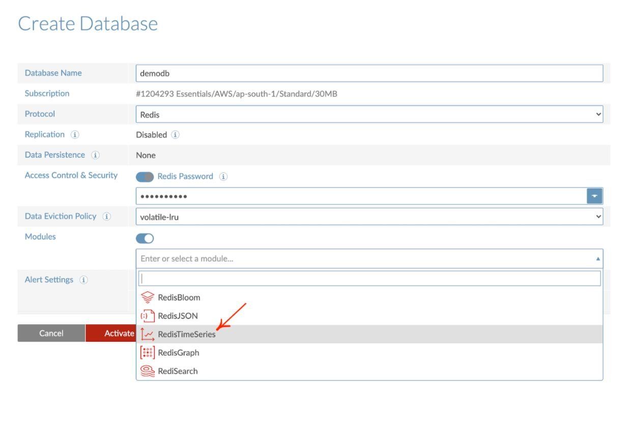 Creating a database with the Redis time series in Redis Cloud