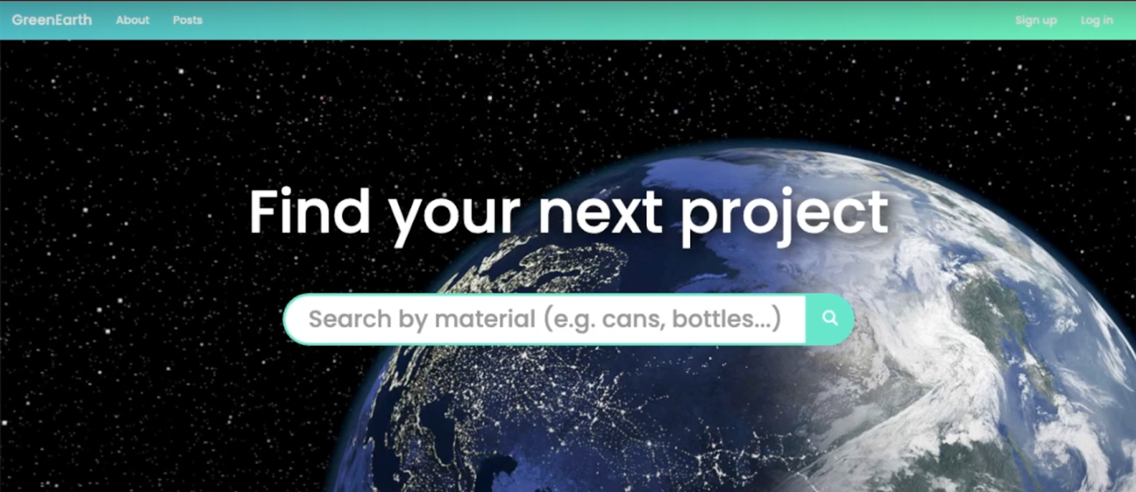 The homepage screen of GreenEarth page with image of the Earth in space.