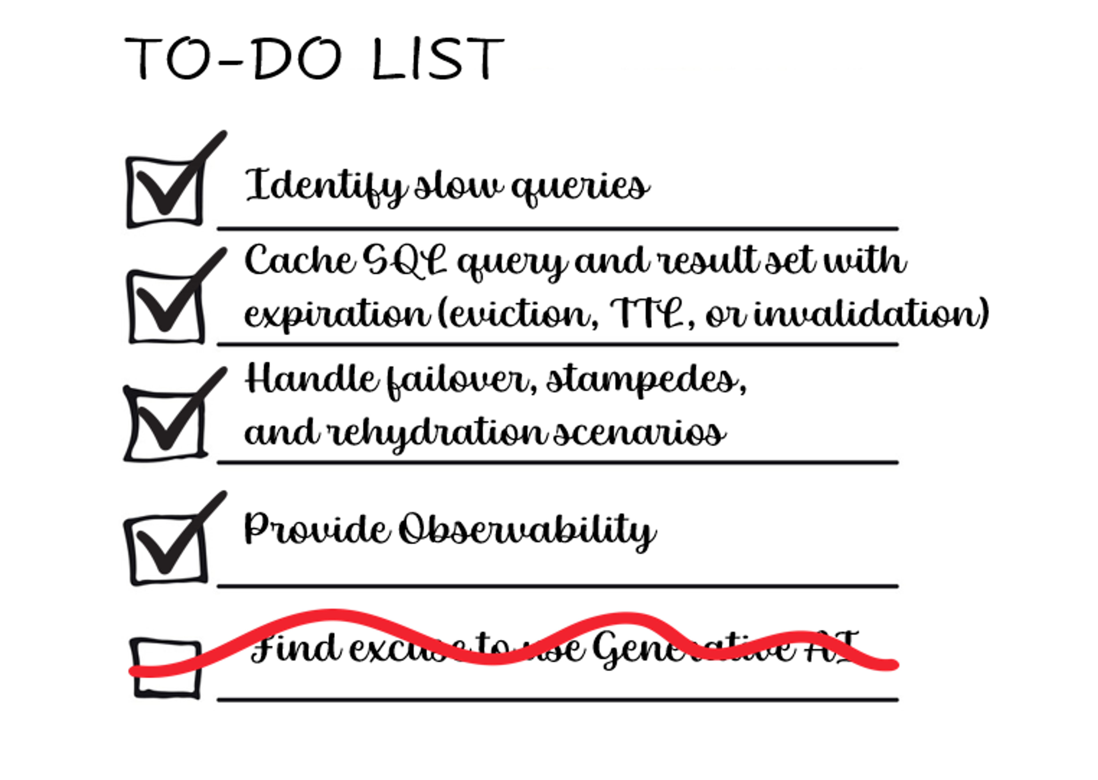 Identify slow queries; cache the SQL query and its result set with expiration managed by an eviction policy, TTL, and/or invalidation protocol; handle failover, stampede, and (re)hydration scenarios; provide observability; (crossed-out) find excuses to use generative AI.