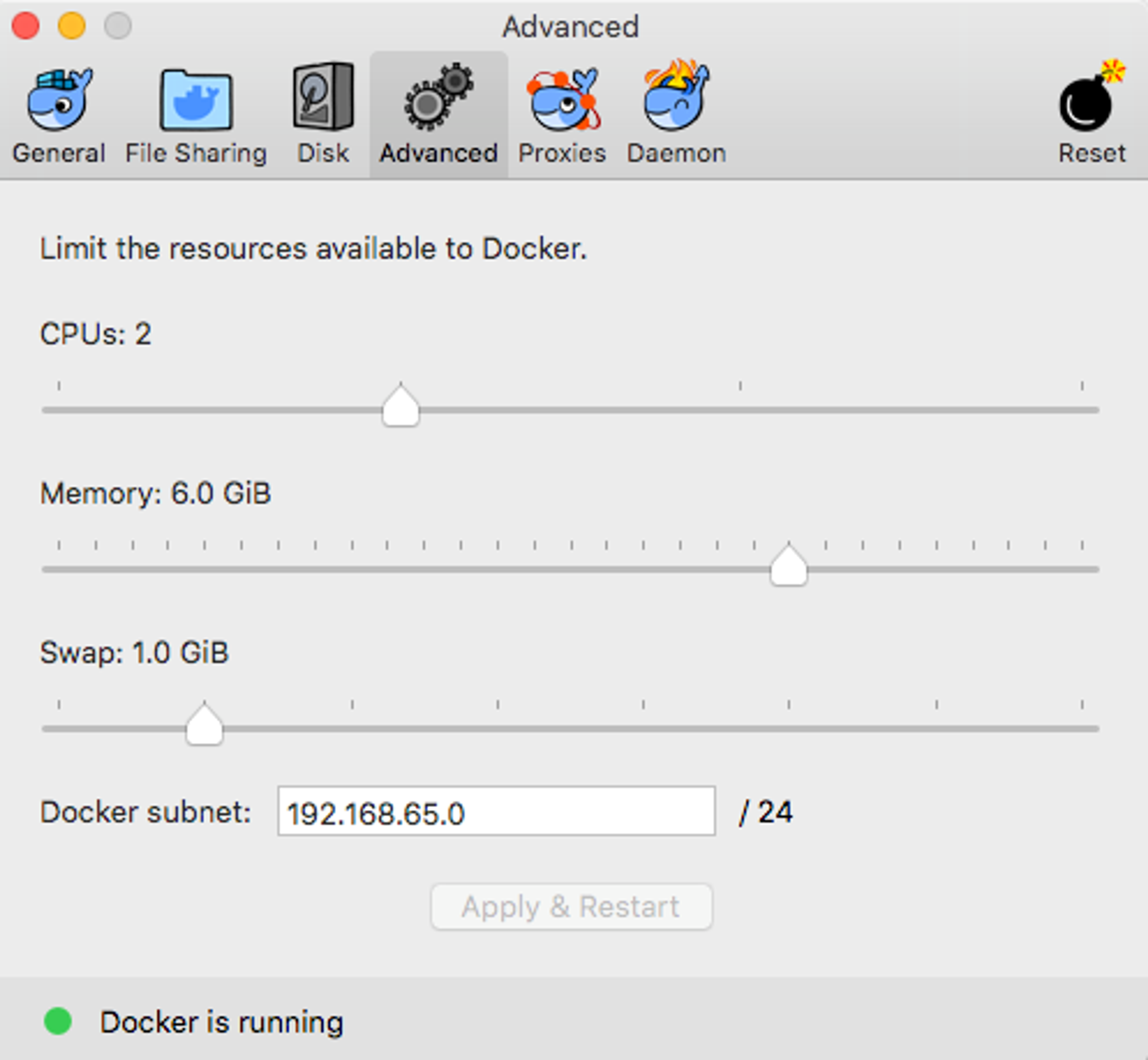 Docker Memory Preferences Advanced