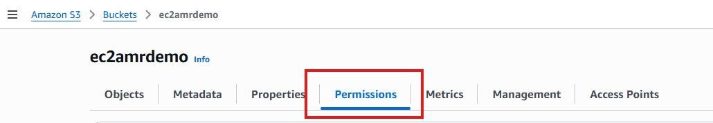 S3 bucket Permissions tab with options for ACL and bucket policy