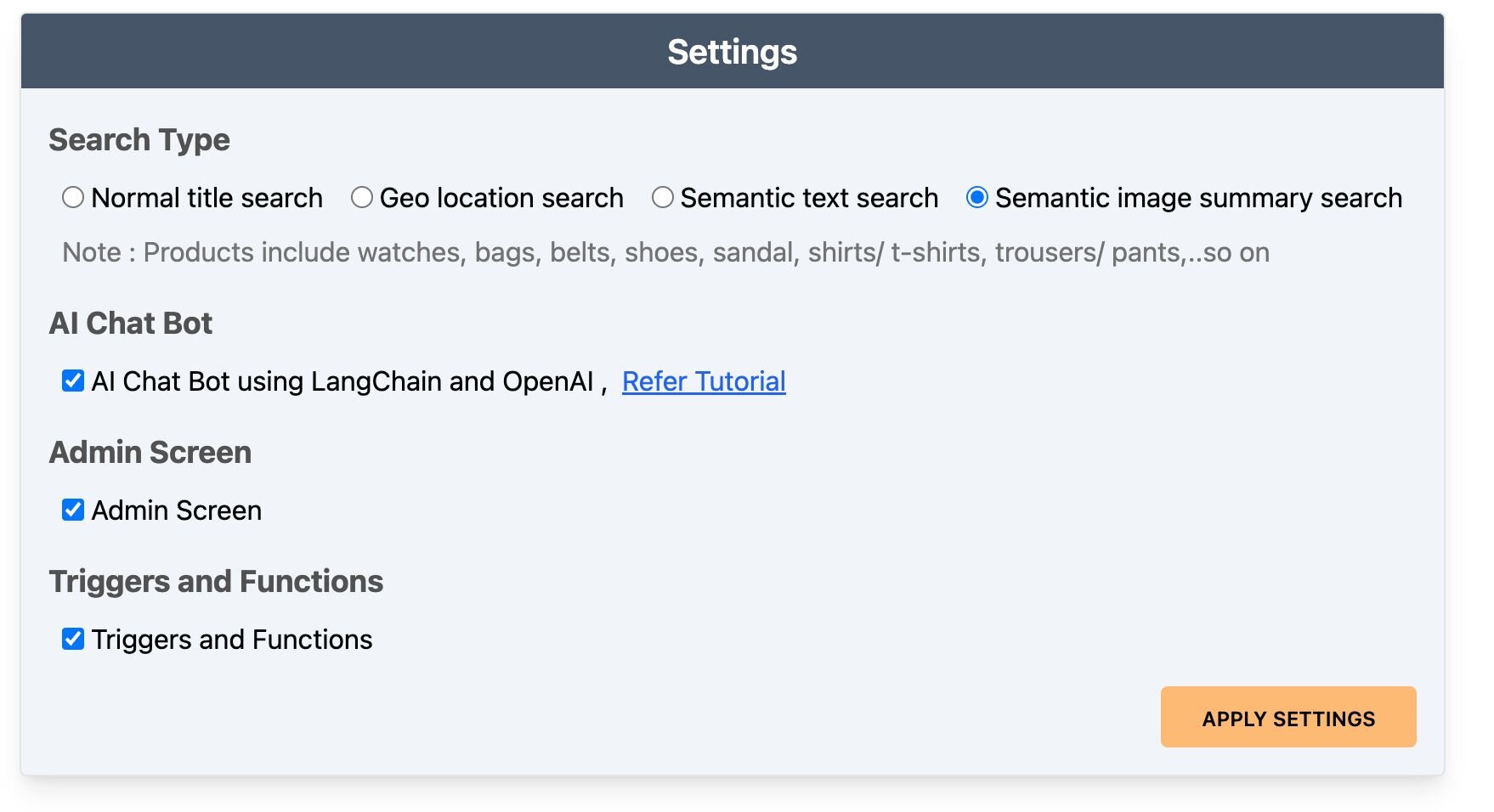 Settings page with the Semantic image summary search toggle highlighted and enabled