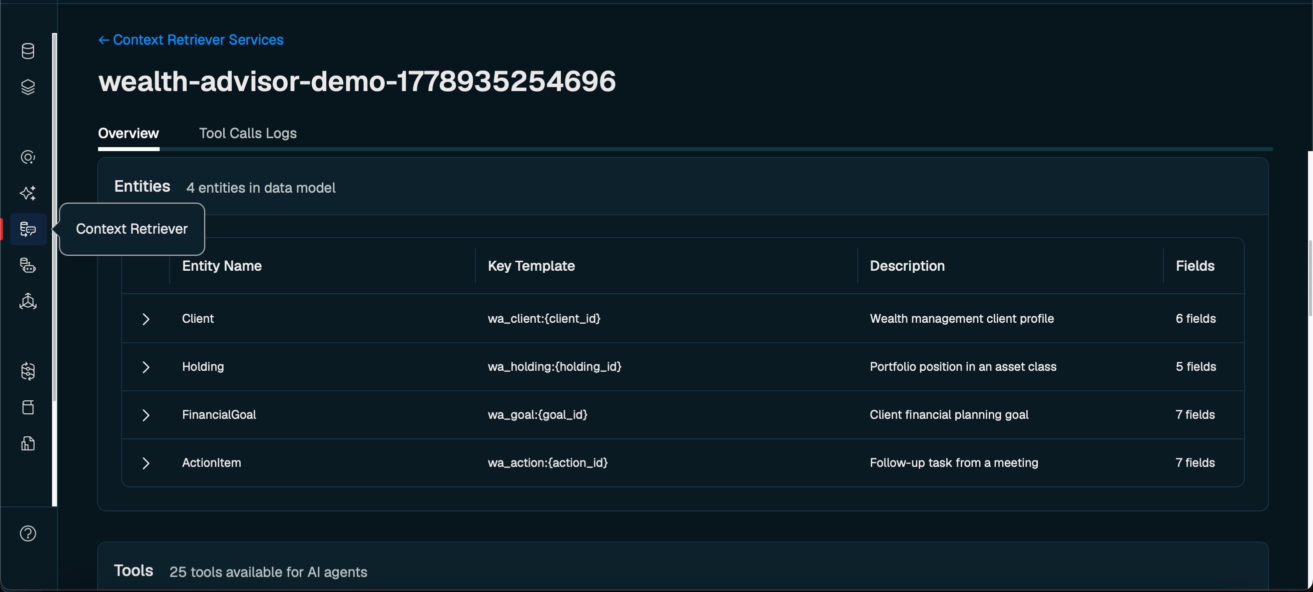 Redis Cloud Console showing the wealth-advisor context surface with 4 entities and 25 auto-generated MCP tools