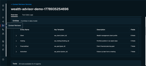 Redis Cloud Console showing the wealth-advisor context retriever surface with 4 entities and 25 auto-generated MCP tools