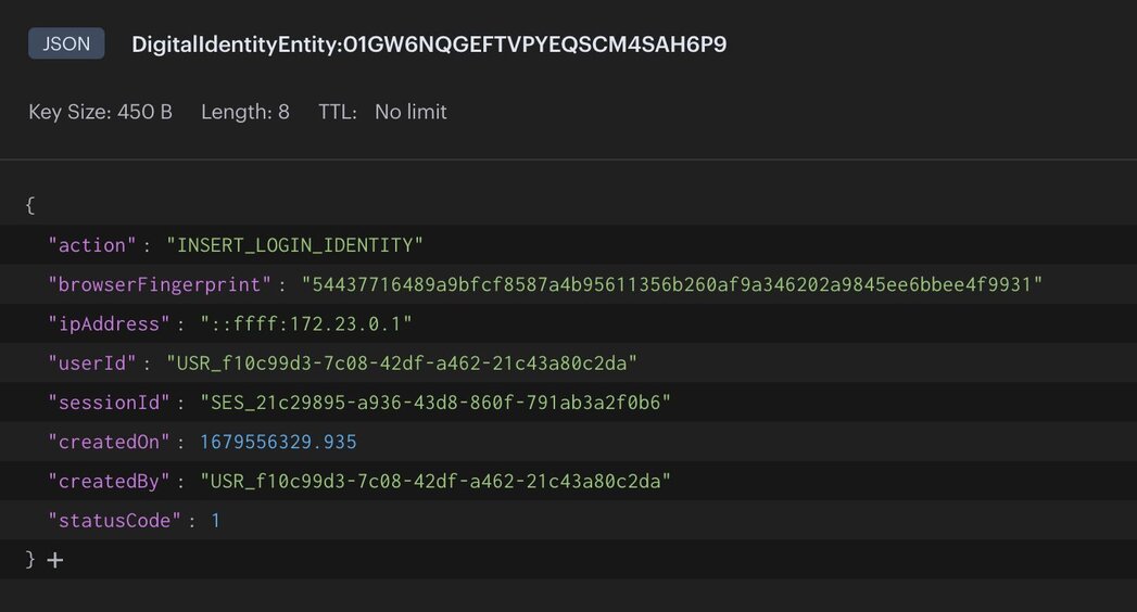Digital identity service consuming stream events and persisting device fingerprint data as JSON in Redis
