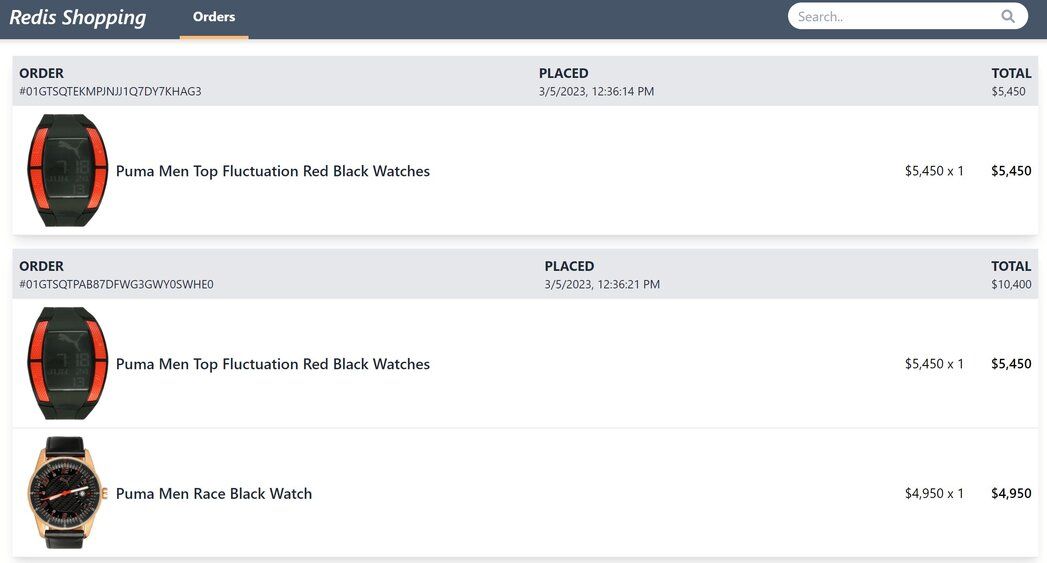 E-commerce application order history page displaying order status and transaction details