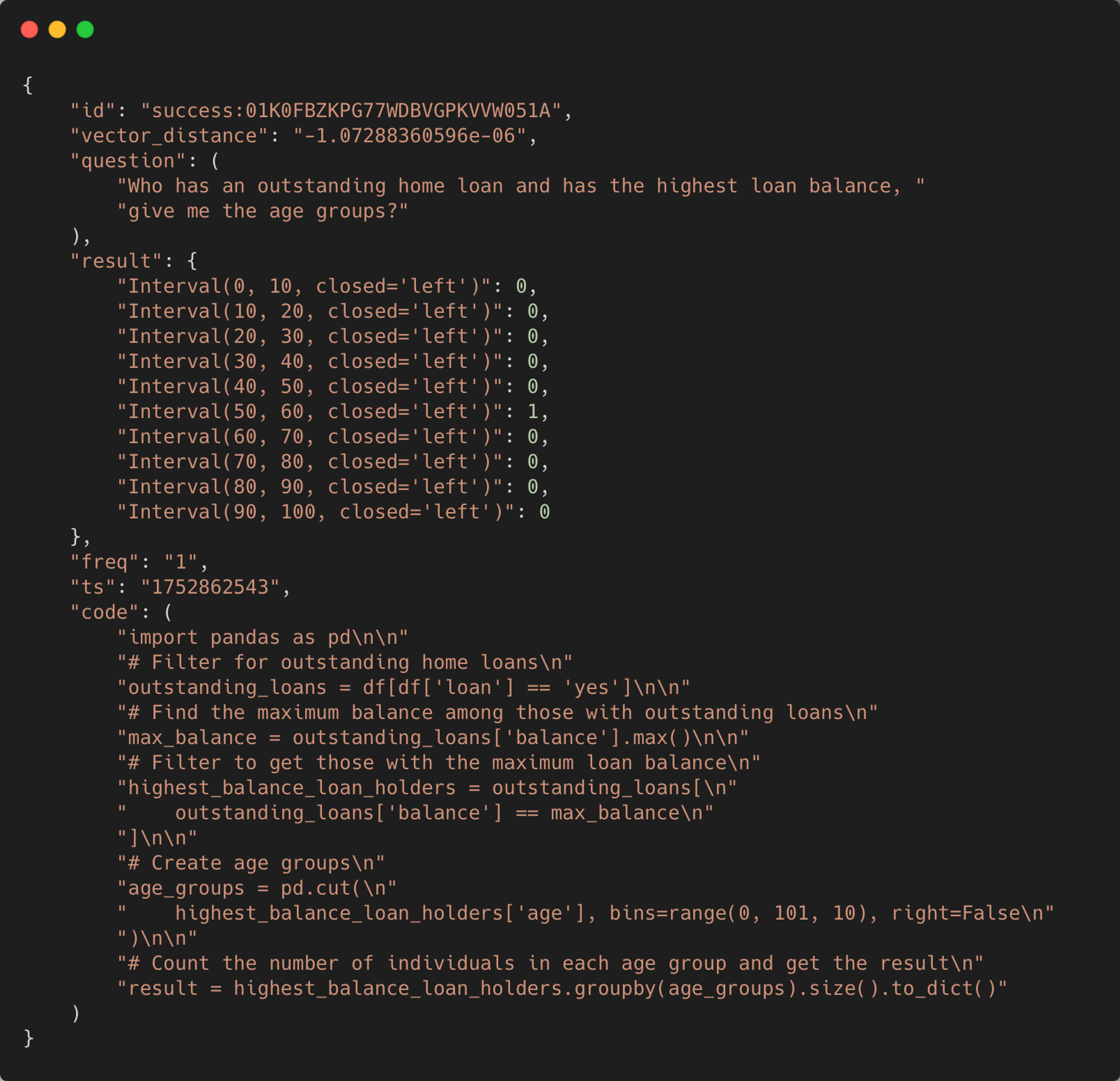Example of a retrieved execution from the execution cache - this one has only a single execution corresponding to a user question