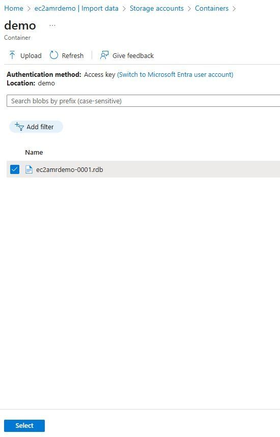 Azure import dialog showing the storage account and .rdb file selector