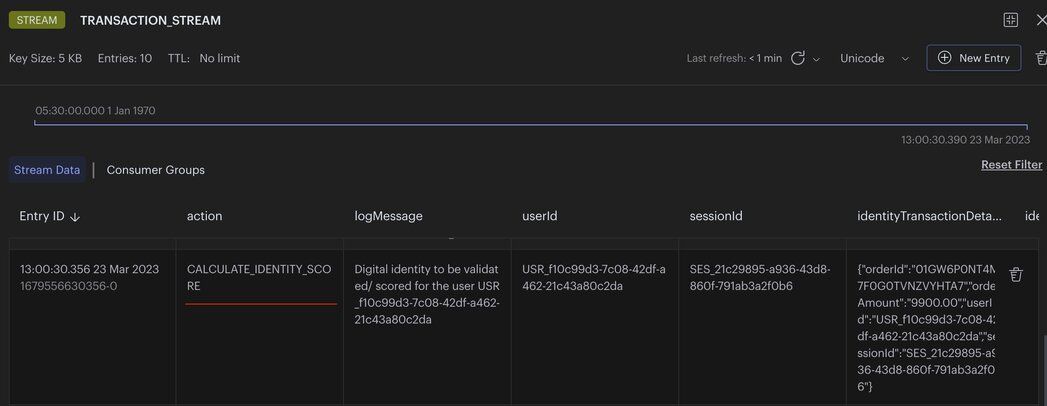 Orders service publishing a CALCULATE_IDENTITY_SCORE event to Redis Streams with order and device details