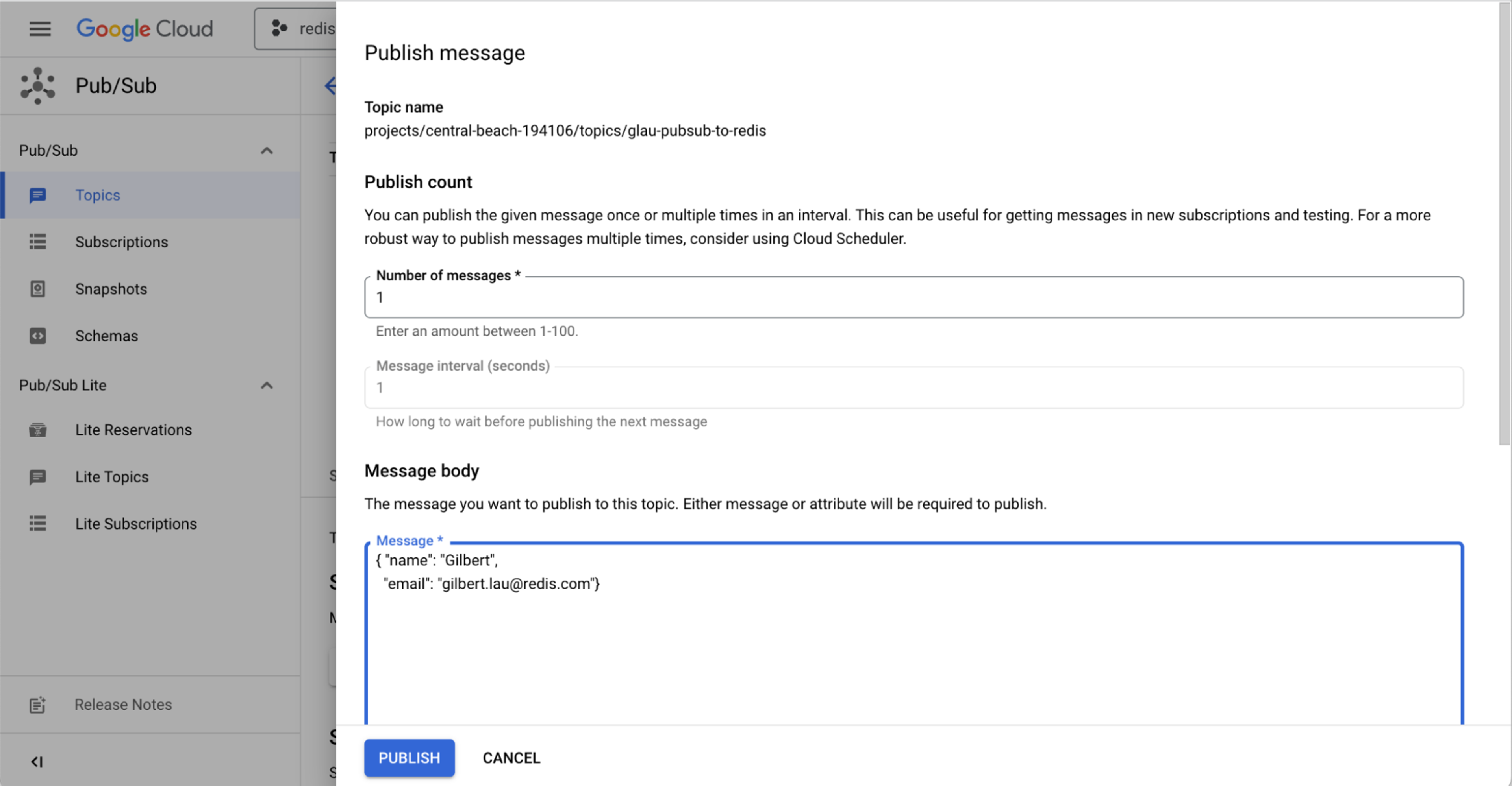 A Google cloud template for adding the cloud dataflow to redis enterprise: publish the message