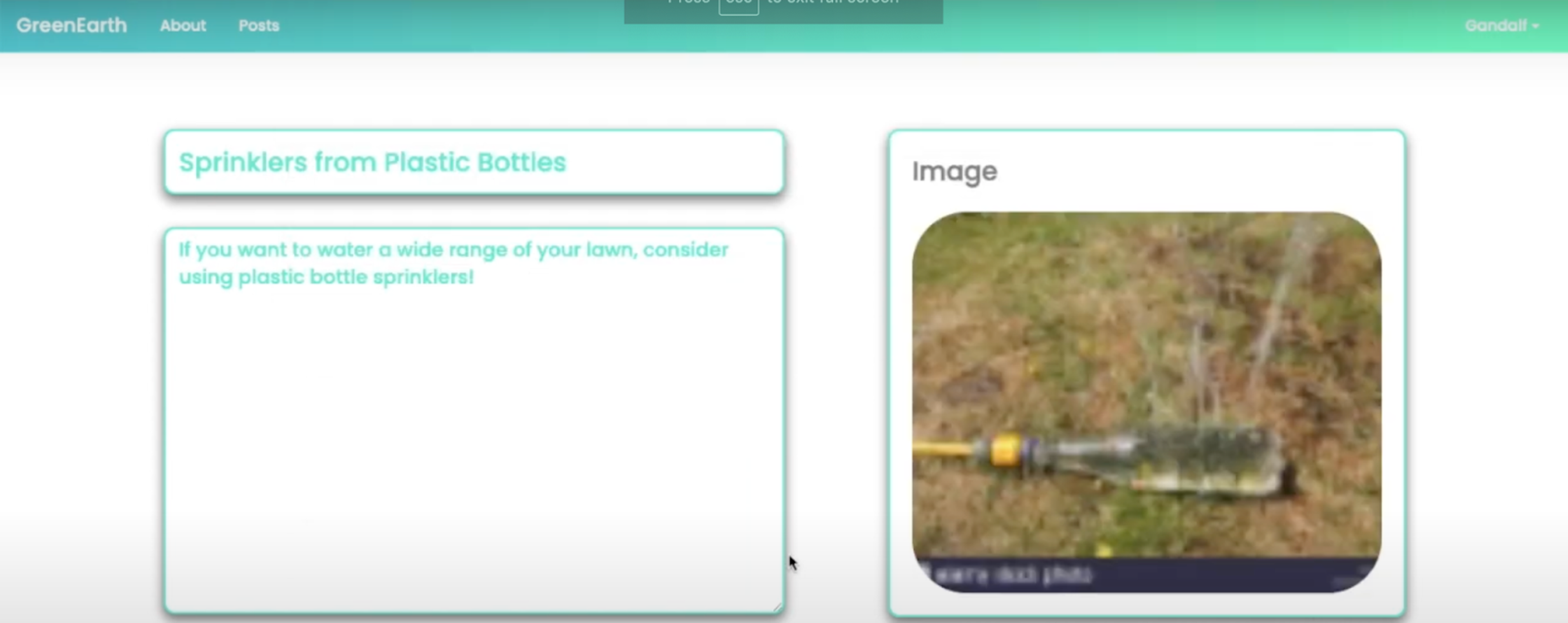 GreenEarth site image of a repurposed plastic bottle as a sprinkler. 