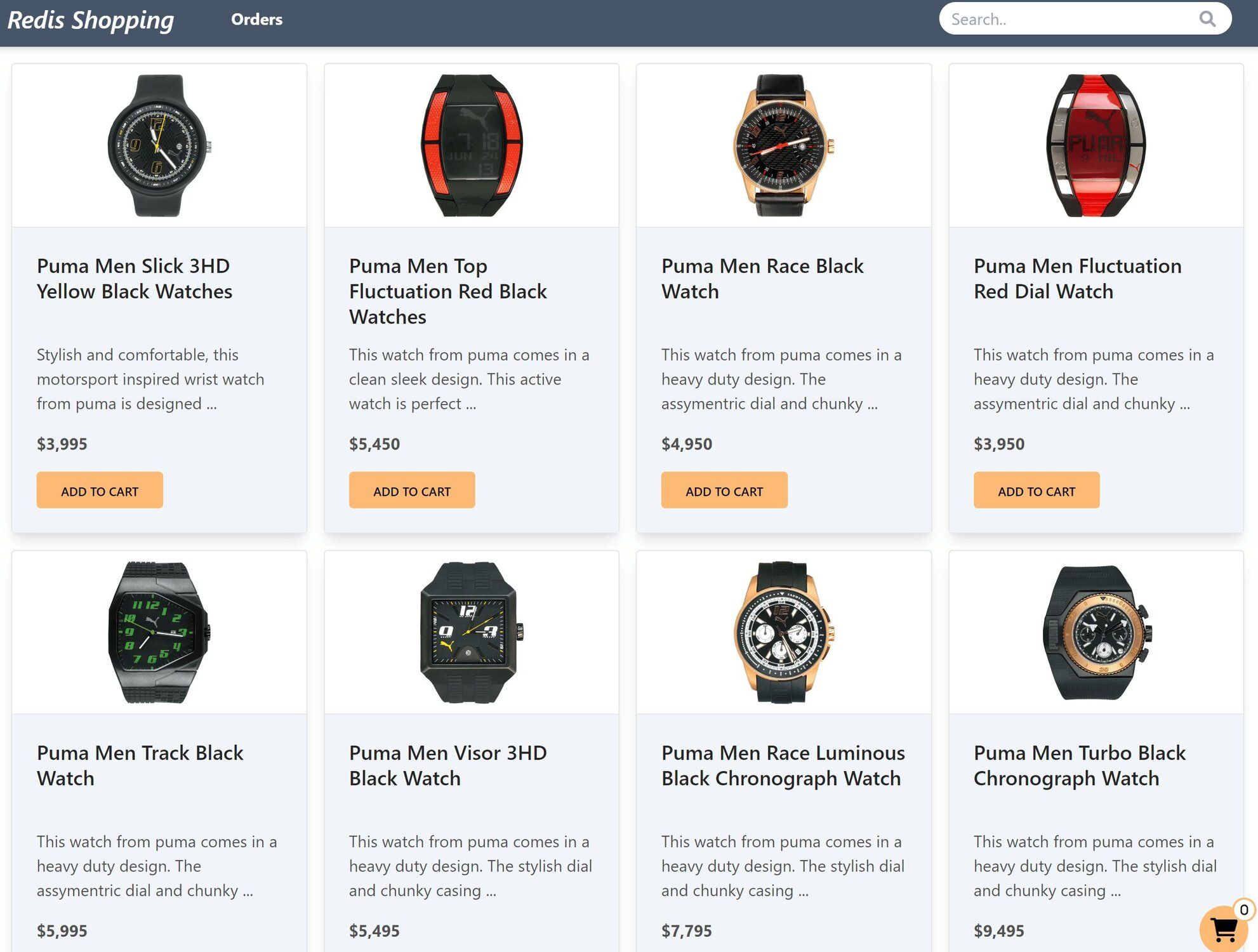 E-commerce app dashboard showing product list and search functionality