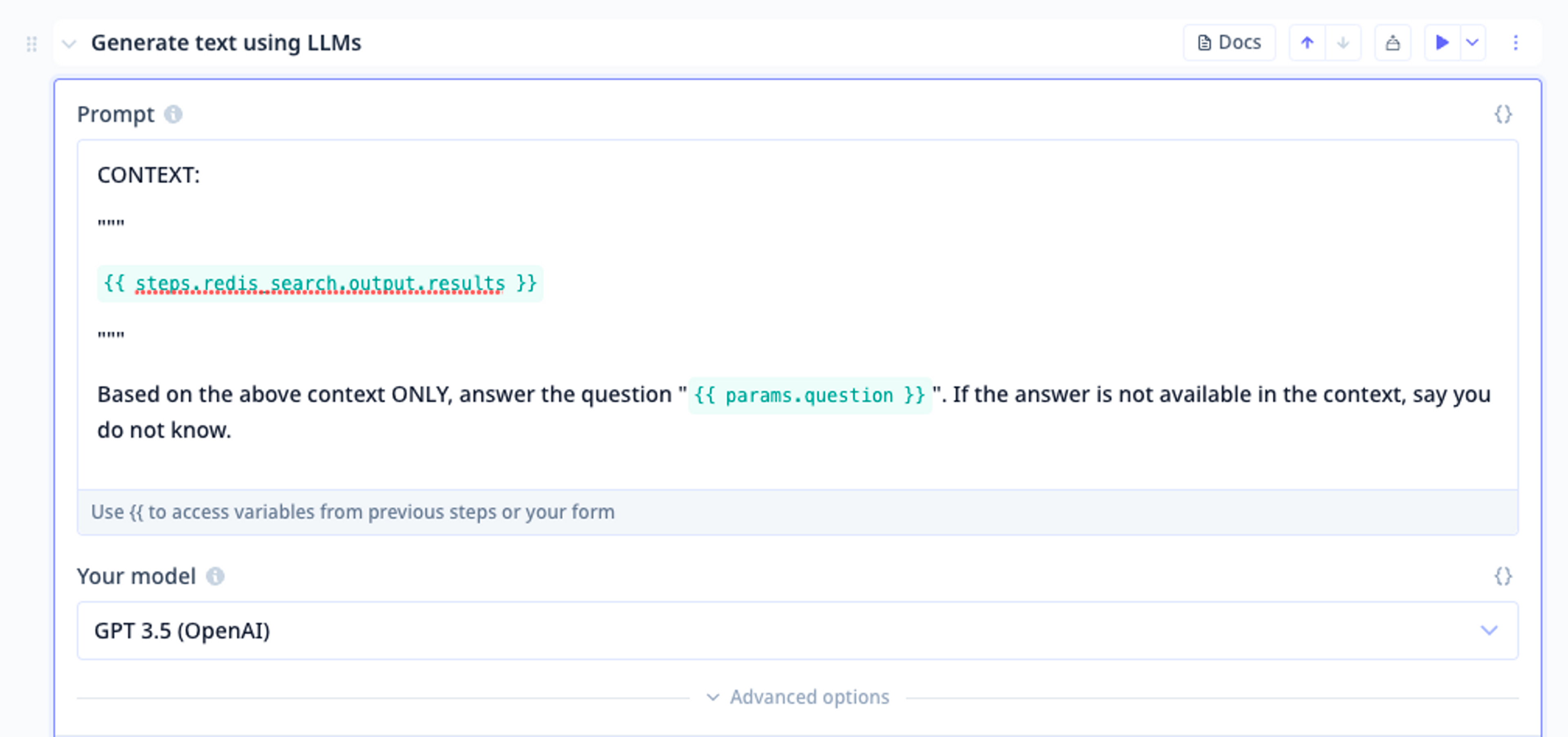 Example of an LLM step that takes the context from Redis Search and Query and asks a question