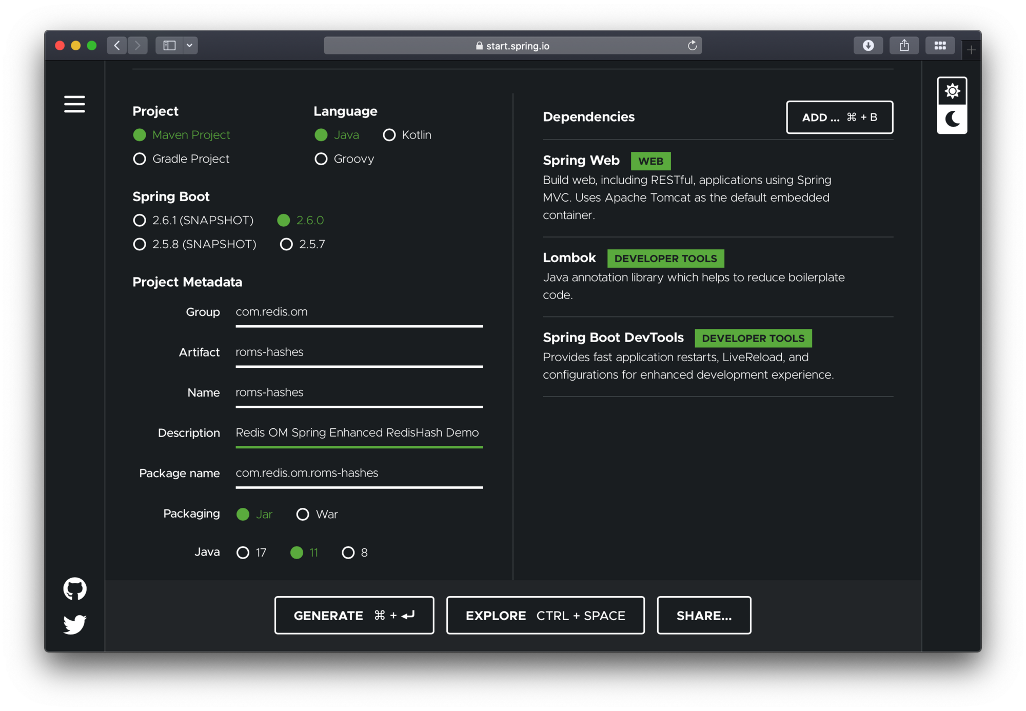 Spring Initializr showing Maven project with Java 11, Spring Web, Lombok, and DevTools dependencies selected for the Redis OM Spring hashes demo