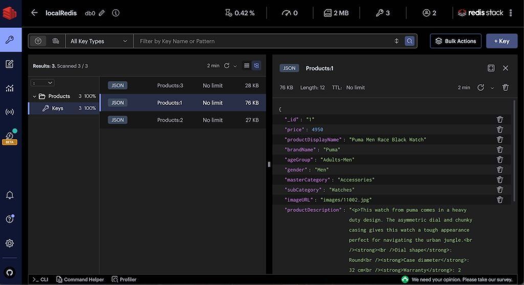 Redis Insight exploring product data with description and image embeddings