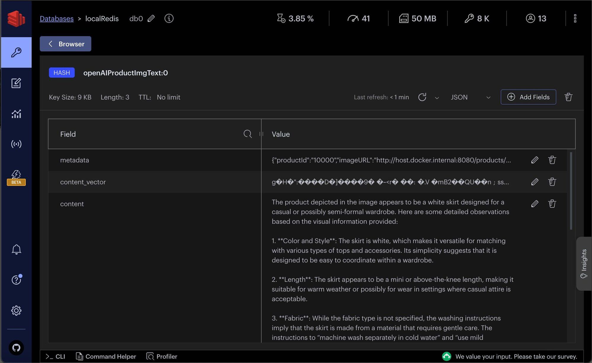 Redis Insight GUI displaying the stored OpenAI image summary as a JSON document with vector embedding fields