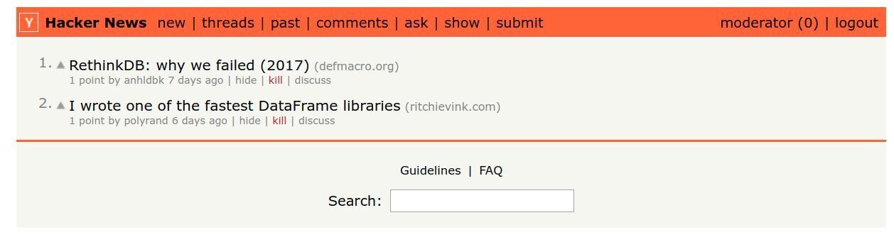 Hacker News clone search results for query terms