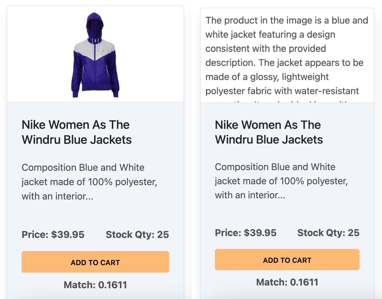 Product detail modal showing the AI-generated image summary text alongside the product image