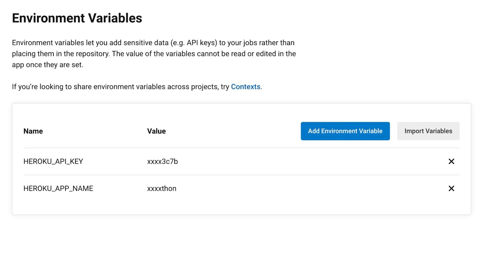 CircleCI project settings page showing the Environment Variables section with HEROKU_APP_NAME and HEROKU_API_KEY configured