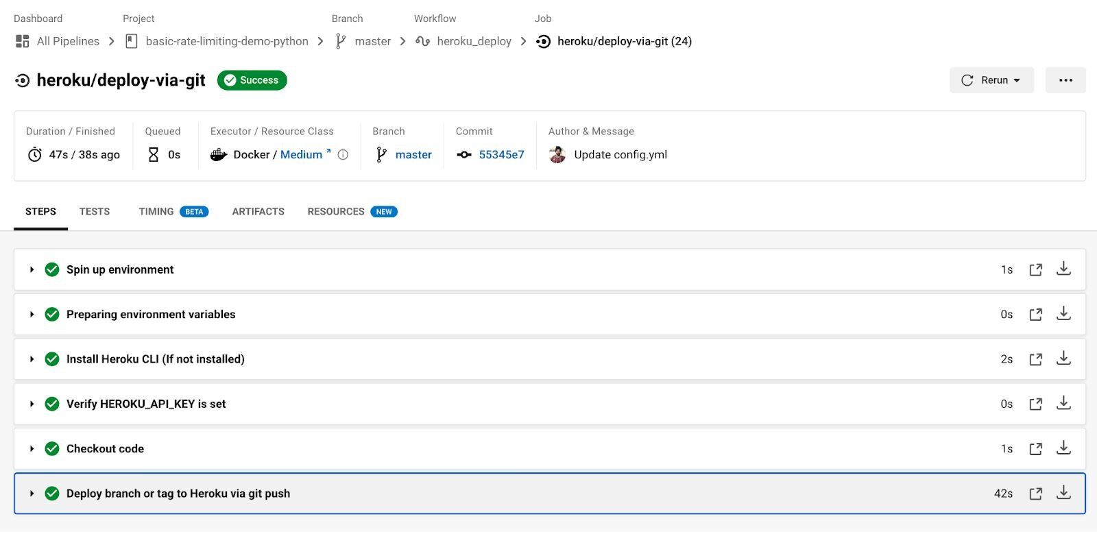 CircleCI dashboard showing the pipeline run with a successful build and deploy job