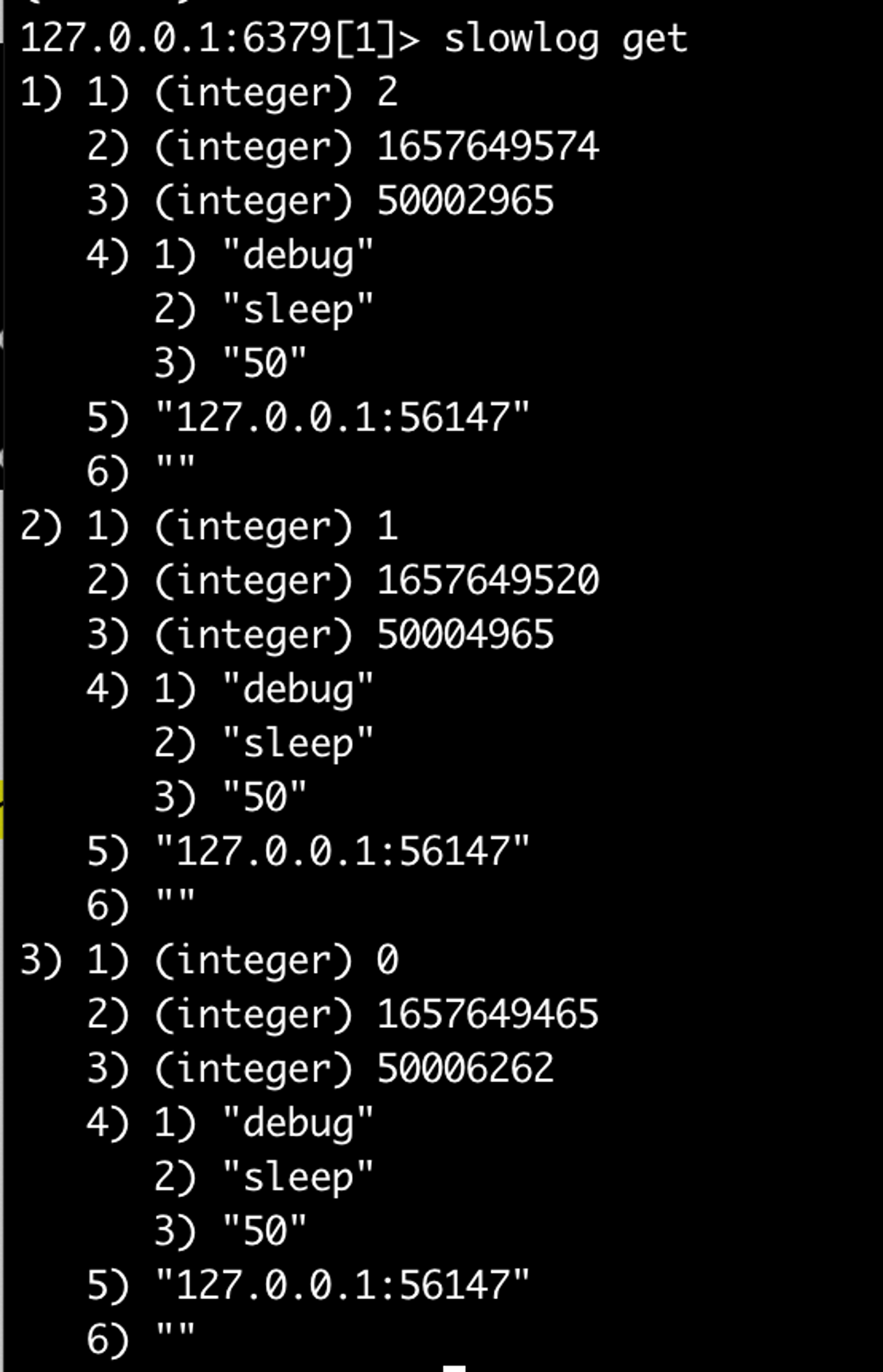 Redis server output for a single command