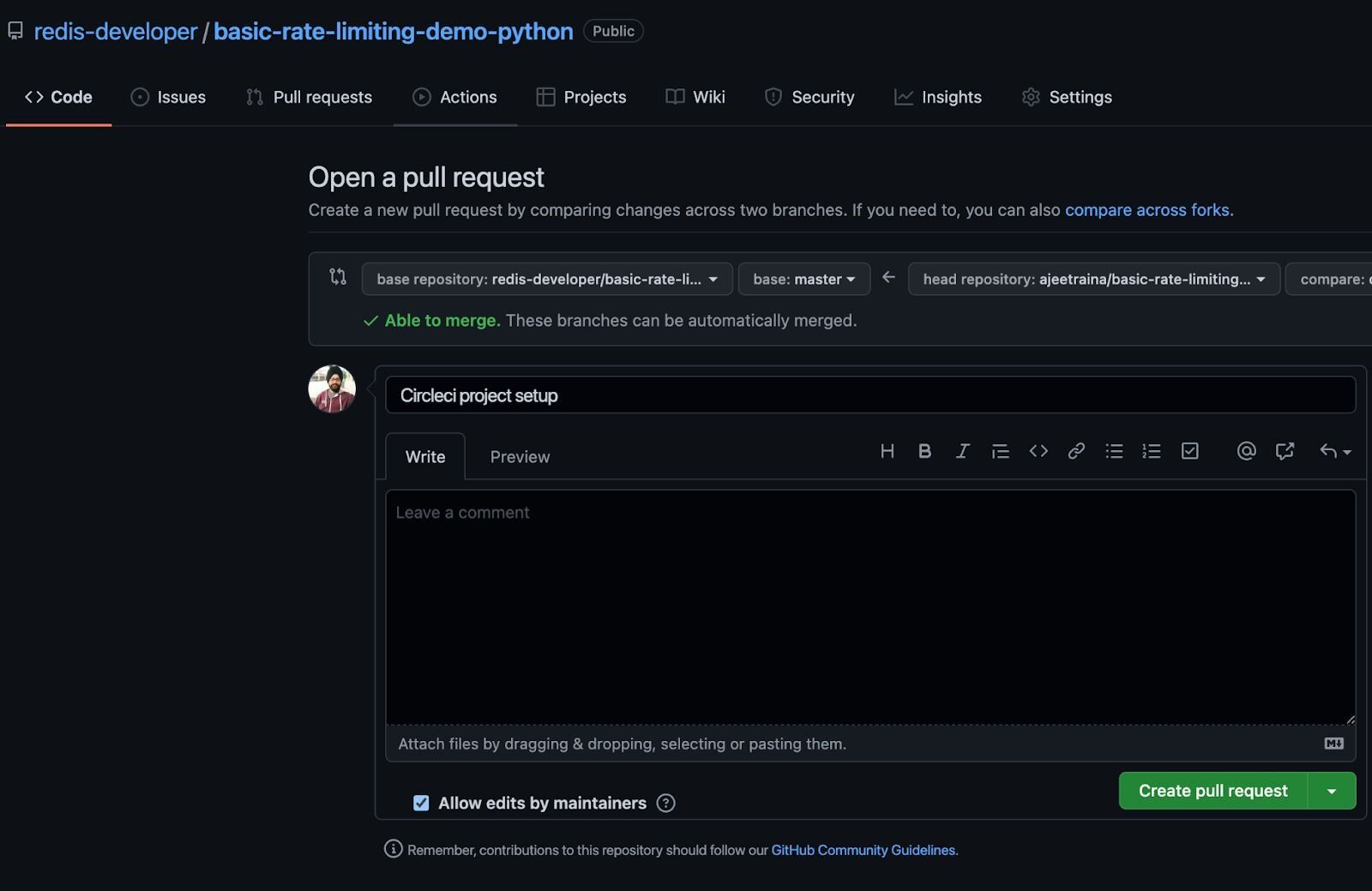 GitHub pull request view showing the new CircleCI config.yml ready to be merged