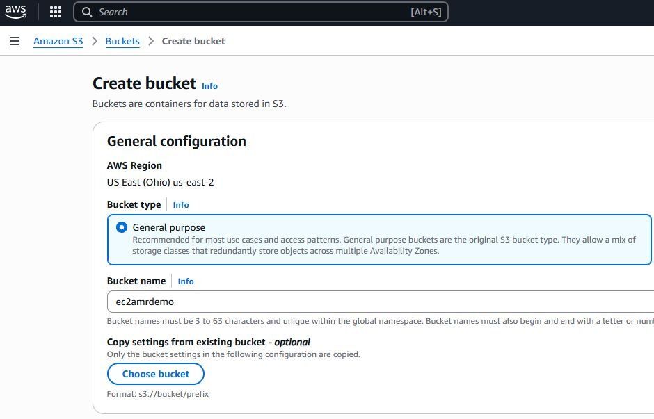 AWS console showing the Create bucket dialog in Amazon S3