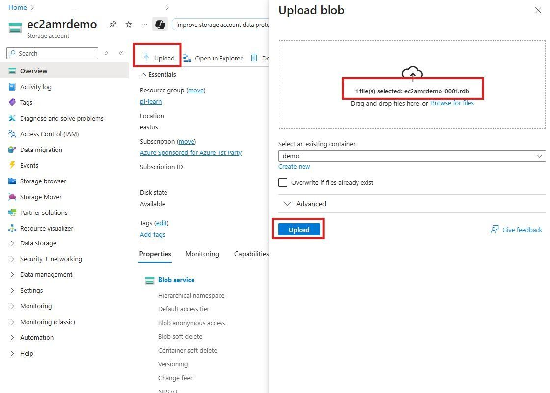 Azure Blob container view showing the uploaded .rdb backup file