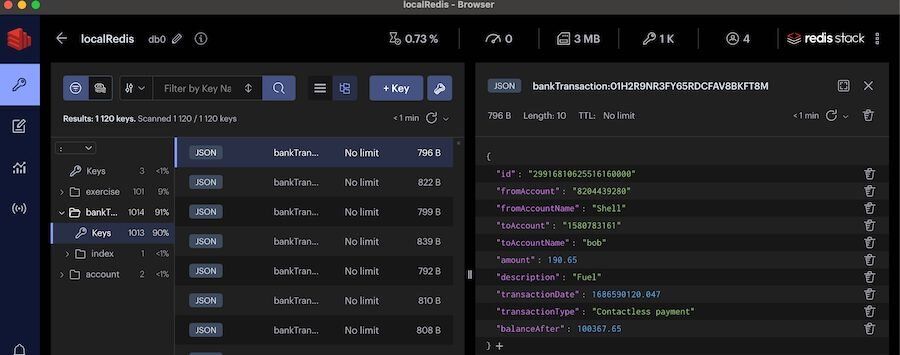 Redis Insight browser showing a seeded bank transaction stored as a JSON document with fields like fromAccountName, amount, and transactionDate
