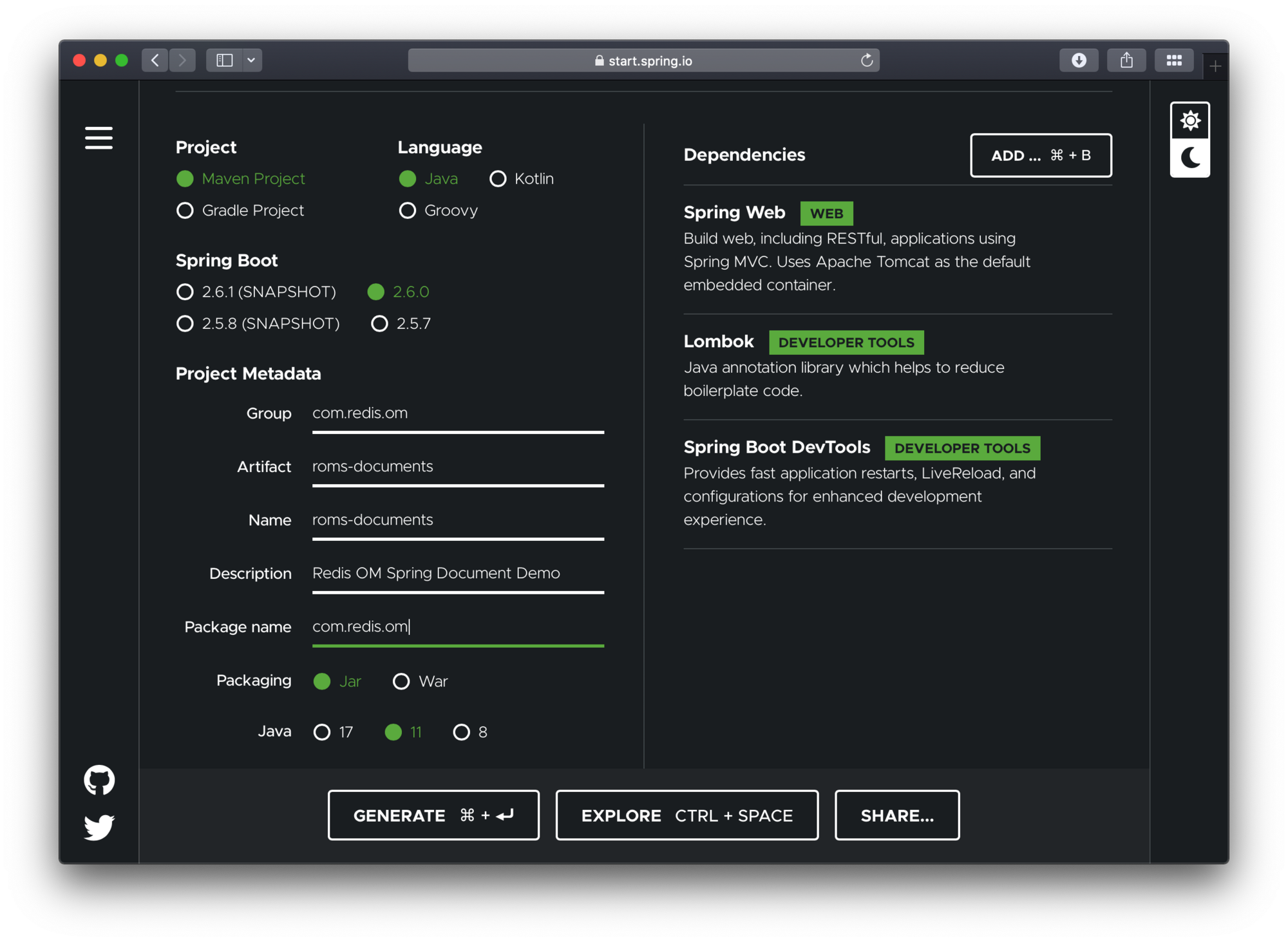 Spring Initializr showing Maven project with Java 11, Spring Web, Lombok, and DevTools dependencies selected for the Redis OM Spring JSON documents demo