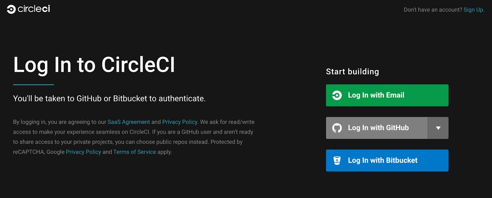 CircleCI login page showing options to authenticate with GitHub, Bitbucket, or email