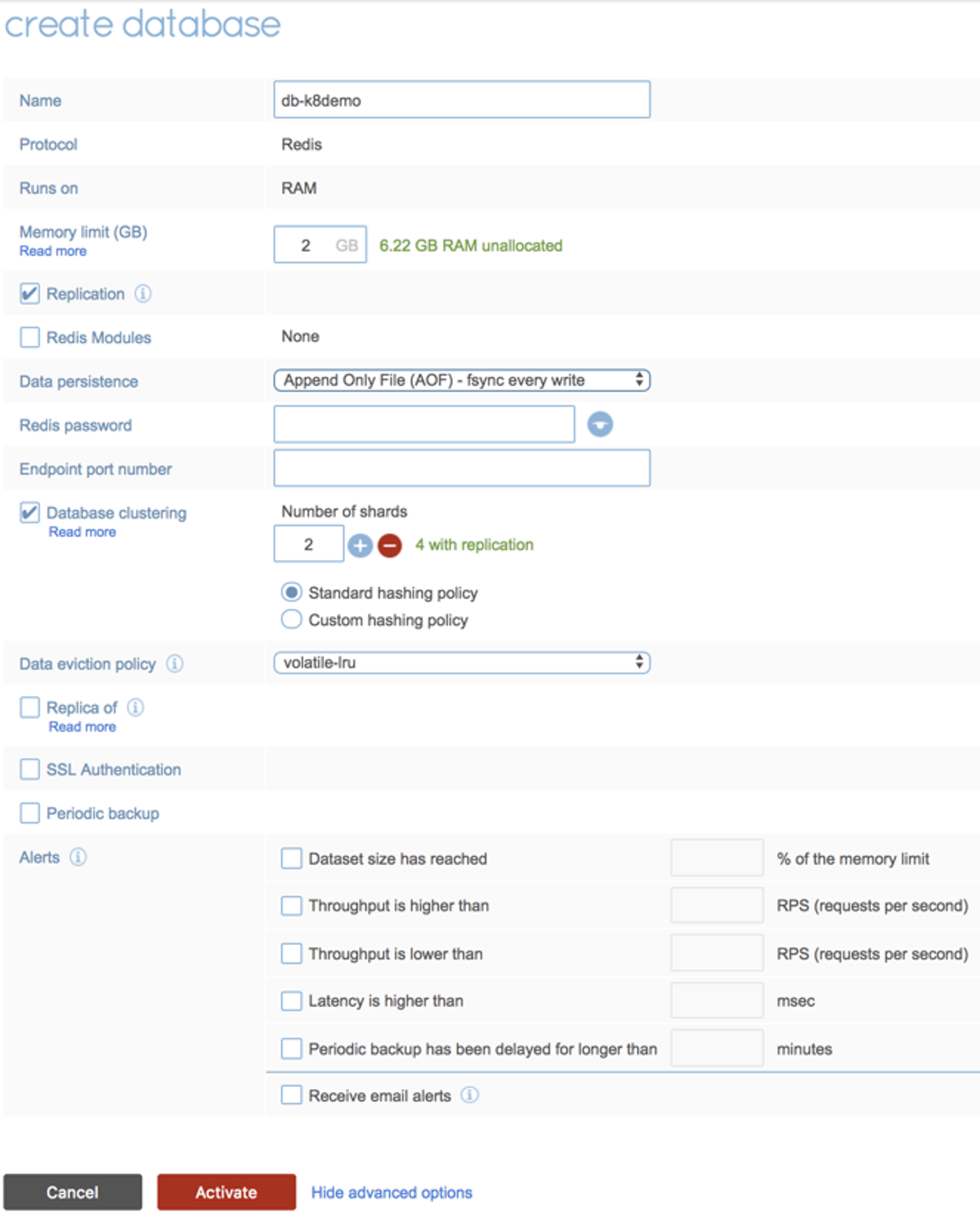 Redis Enterprise Create Database Web UI