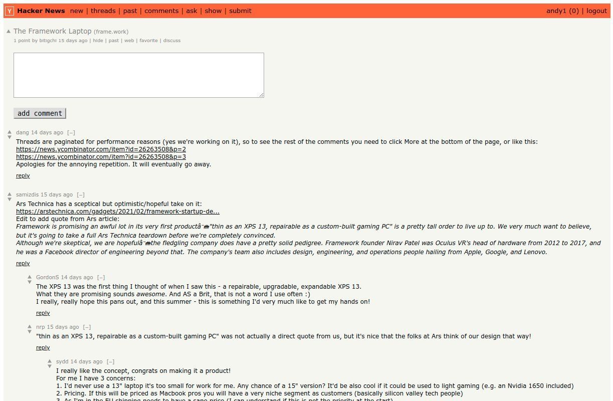 Hacker News clone news item detail view with comments