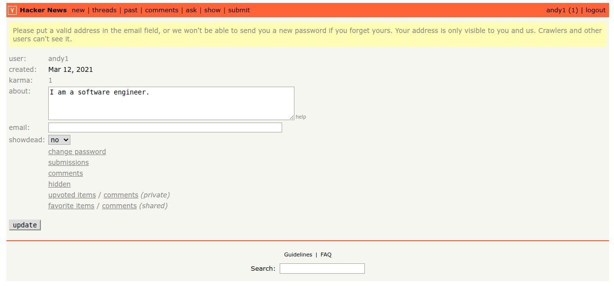 Hacker News clone user profile update page