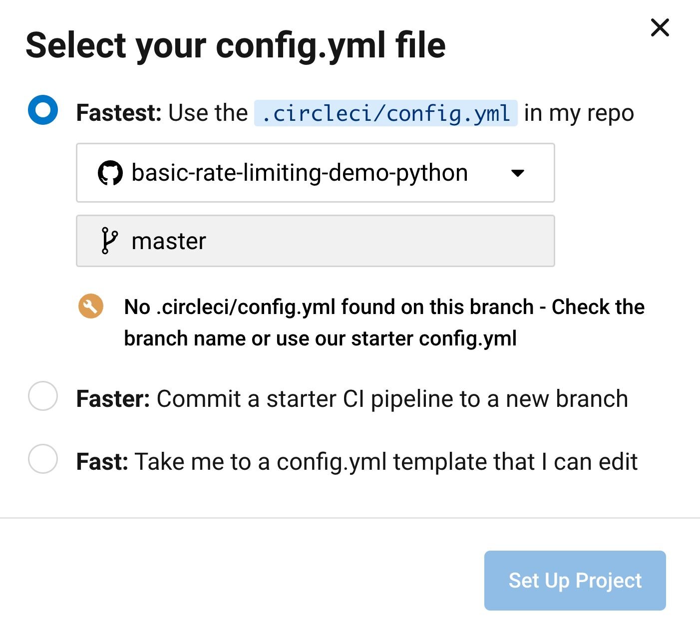 CircleCI setup wizard offering options to create a new config.yml from a template or use an existing one