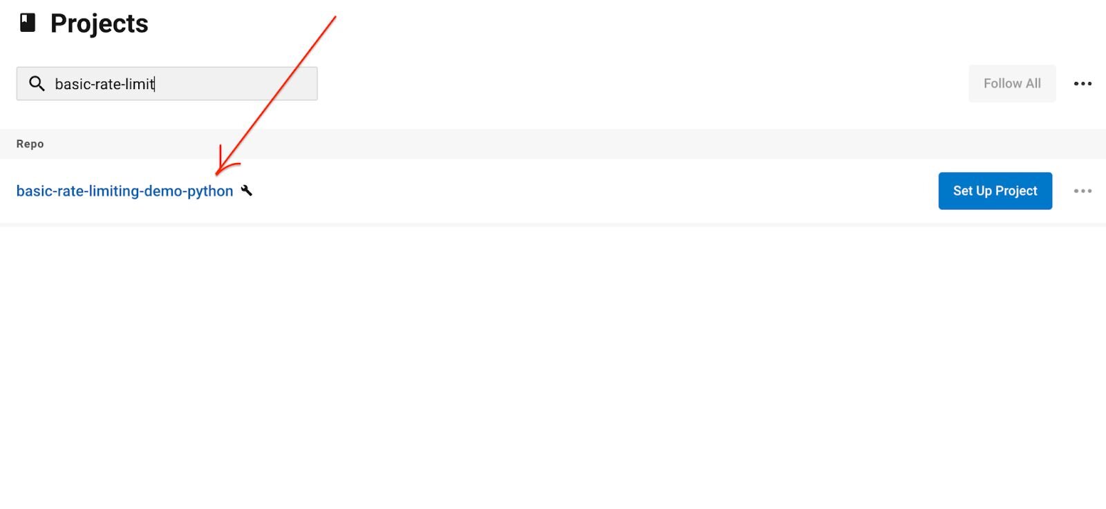CircleCI project list with the Redis rate limiting repository highlighted and a Setup Project button
