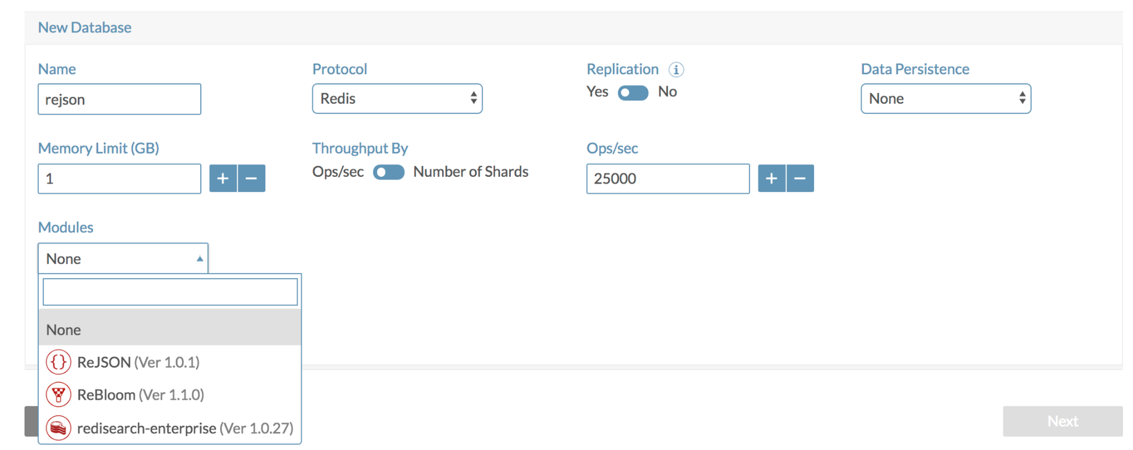 Module selection in New Database creation tool