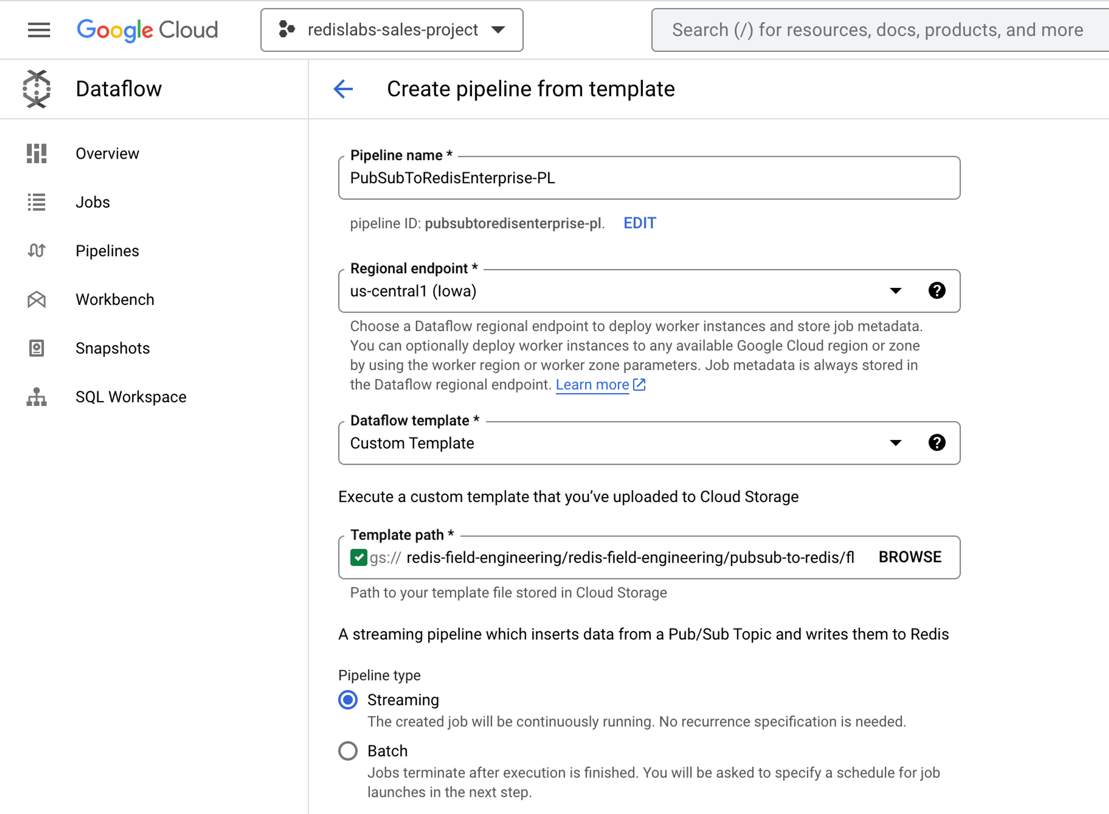 A Google cloud template for adding the cloud dataflow to Redis enterprise