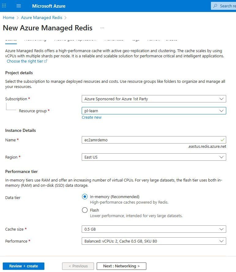 Azure Managed Redis creation page showing the available cache size tiers
