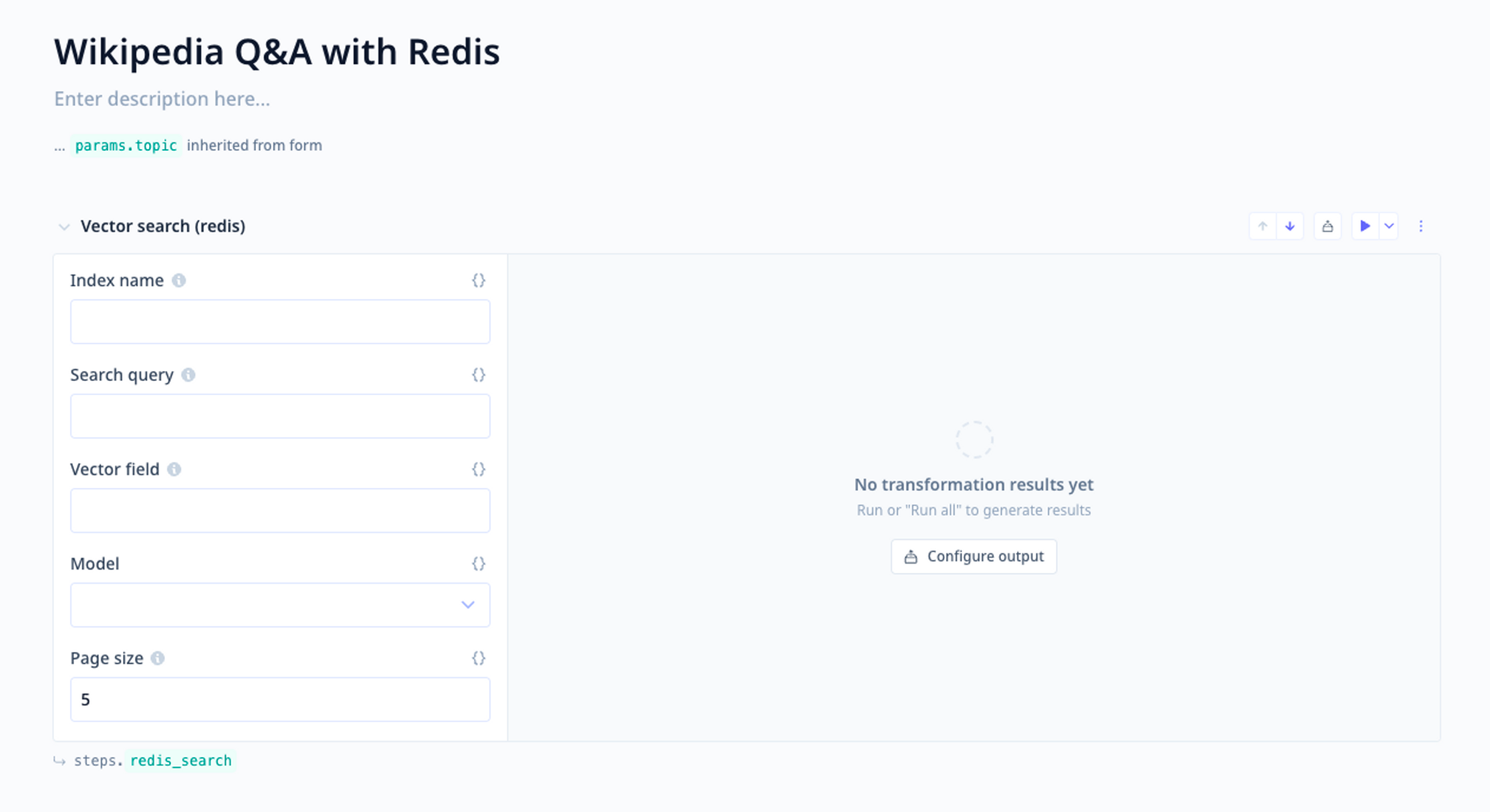 Example of a Redis Vector Search step and its inputs