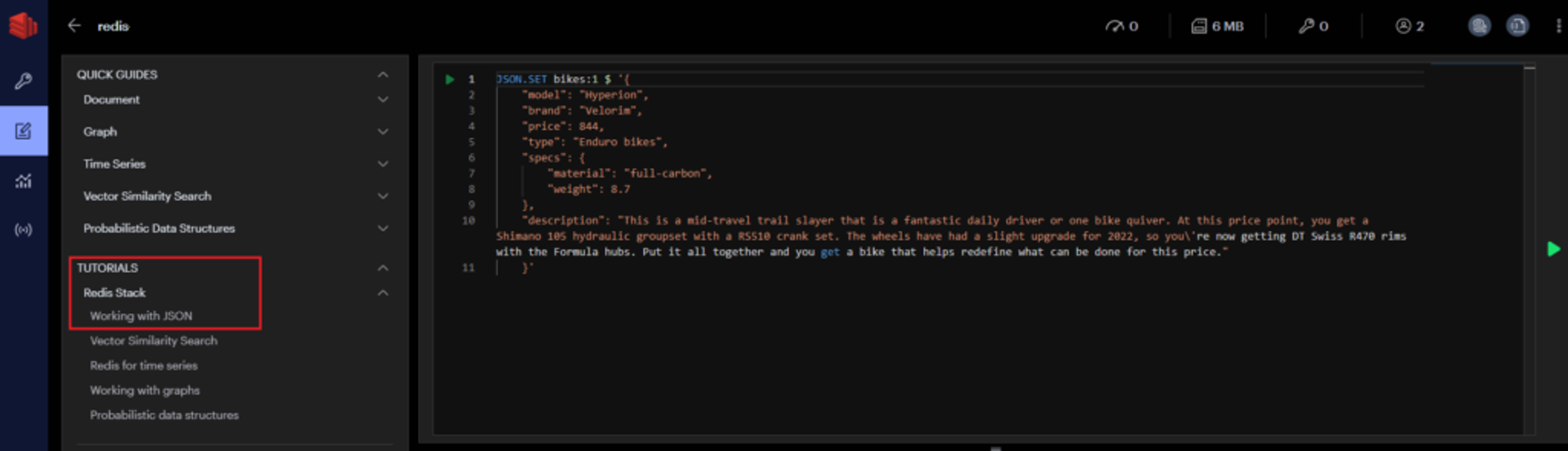 image of redisinsight creating document database