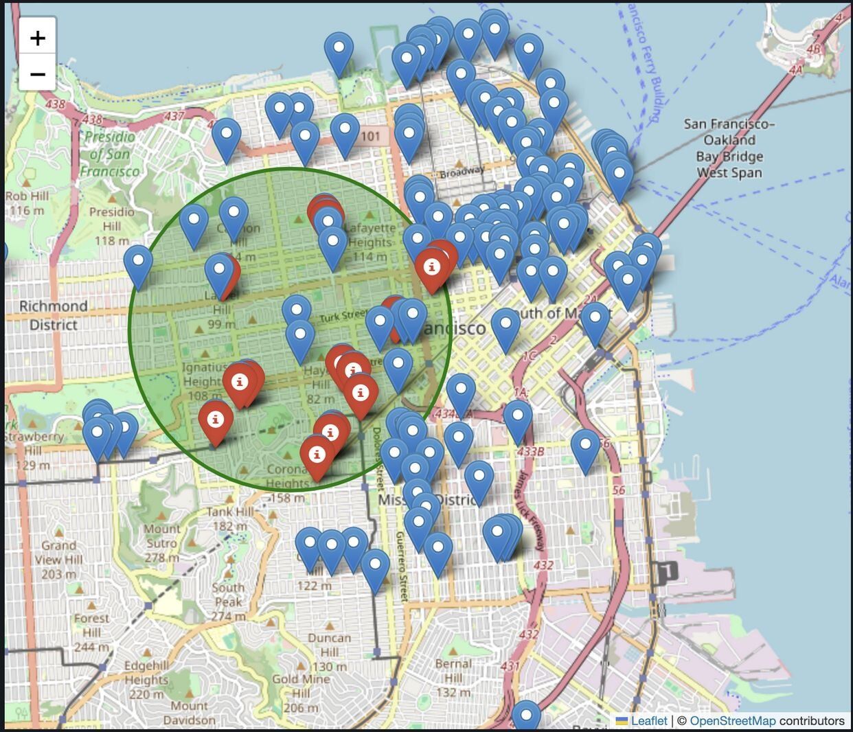 Interactive map of San Francisco with blue markers for all restaurants and red markers highlighting personalized recommendations within a green radius circle around the user's location